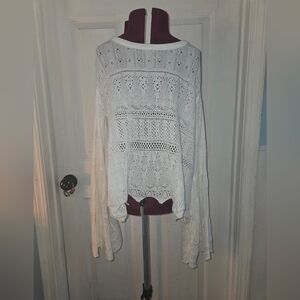 Altar'd State Bell Sleeve White Cotton Eyelet Crew Neck Scalloped Hem Sweater